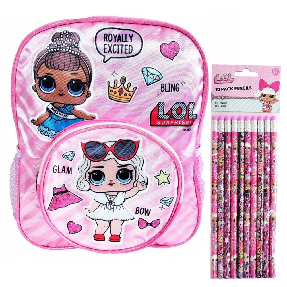 LOL Surprise Backpack Girl Pink 12" Medium Bag Kids School Supplies Pencils Set
